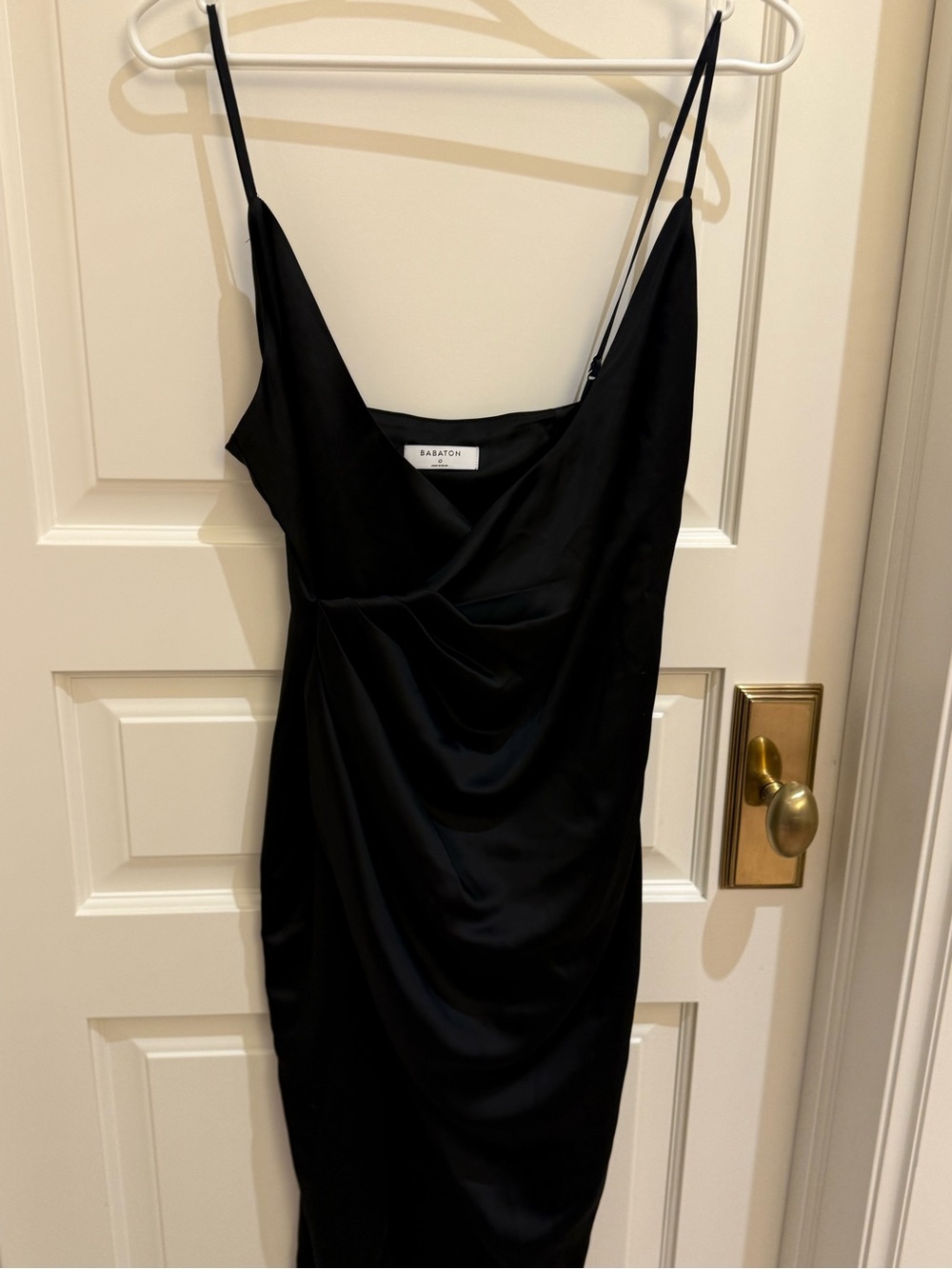 Babaton Black Satin Midi Slip Dress with Draped Front